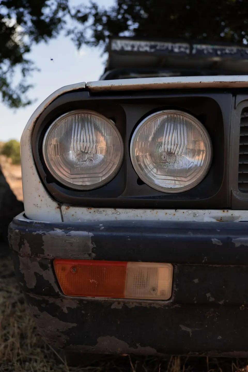 Rustic close-up of an old car's headlights under a tree, showcasing vintage charm.